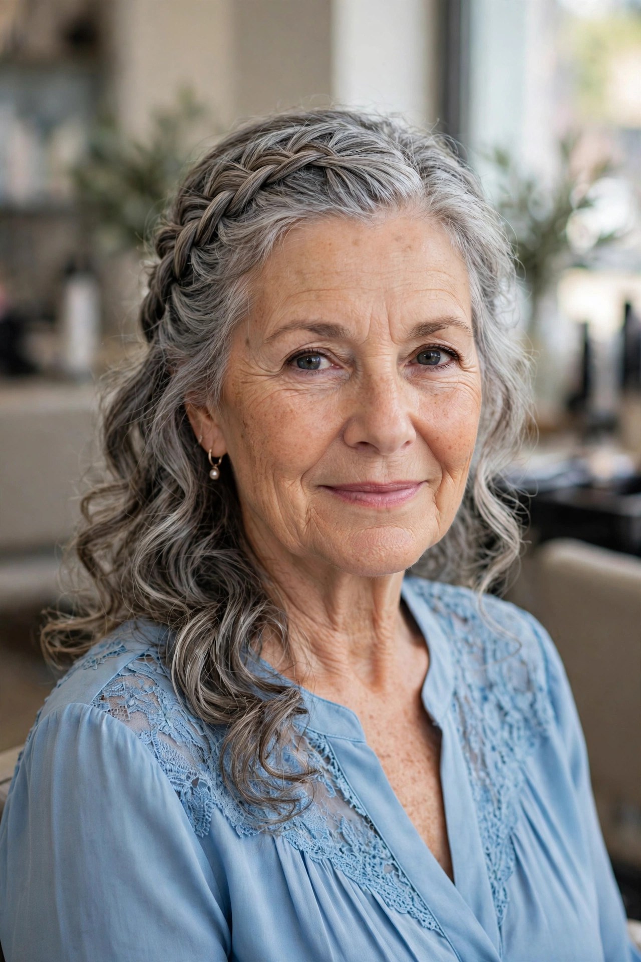 Waterfall Braid Half-Up with Curls - mother of the bride hairstyle for a woman over 60