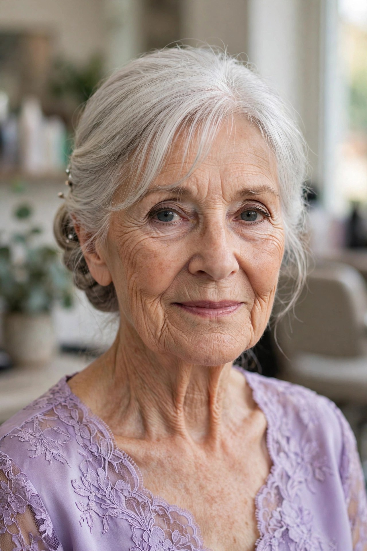 Silver Low Chignon with Soft Fringe - mother of the bride hairstyle for a woman over 60