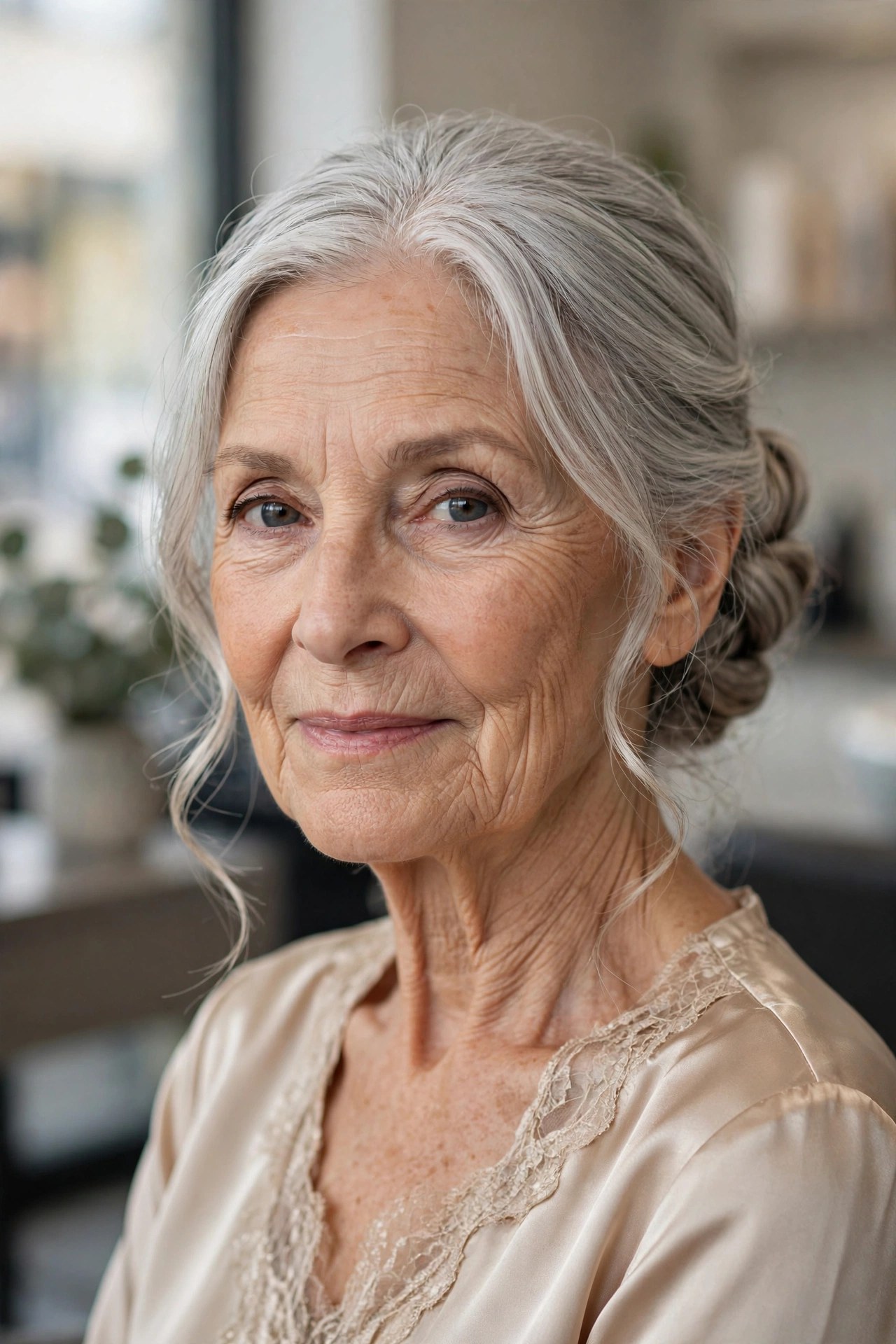 Low Twisted Bun with Face-Framing Tendrils - mother of the bride hairstyle for a woman over 60