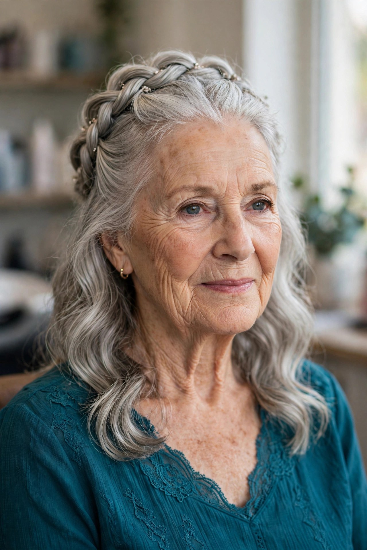 Braided Half-Up with Soft Waves - mother of the bride hairstyle for a woman over 60