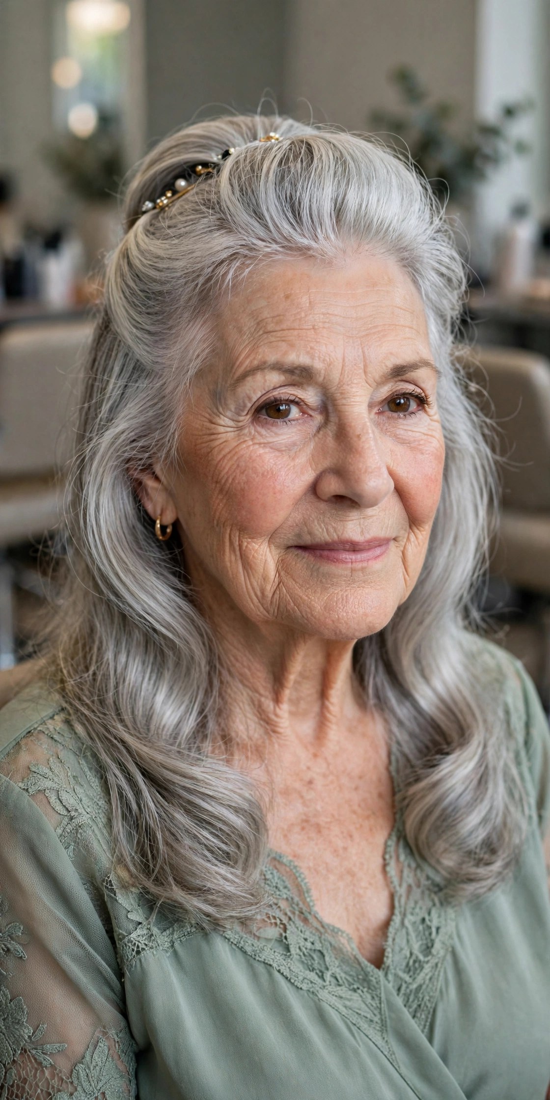 Polished Half-Up with Bouffant Crown - mother of the bride hairstyle for a woman over 60