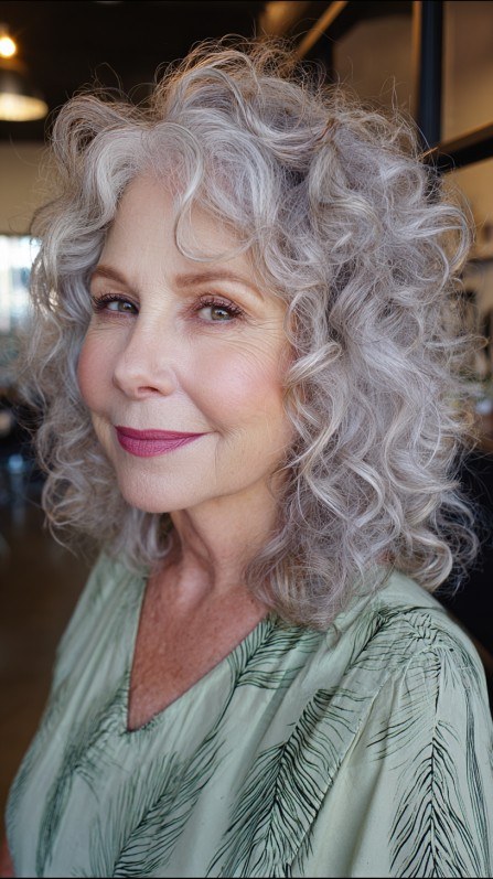 Long Silver Curls With Soft Layers — curly hairstyle on a woman over 70 with natural texture