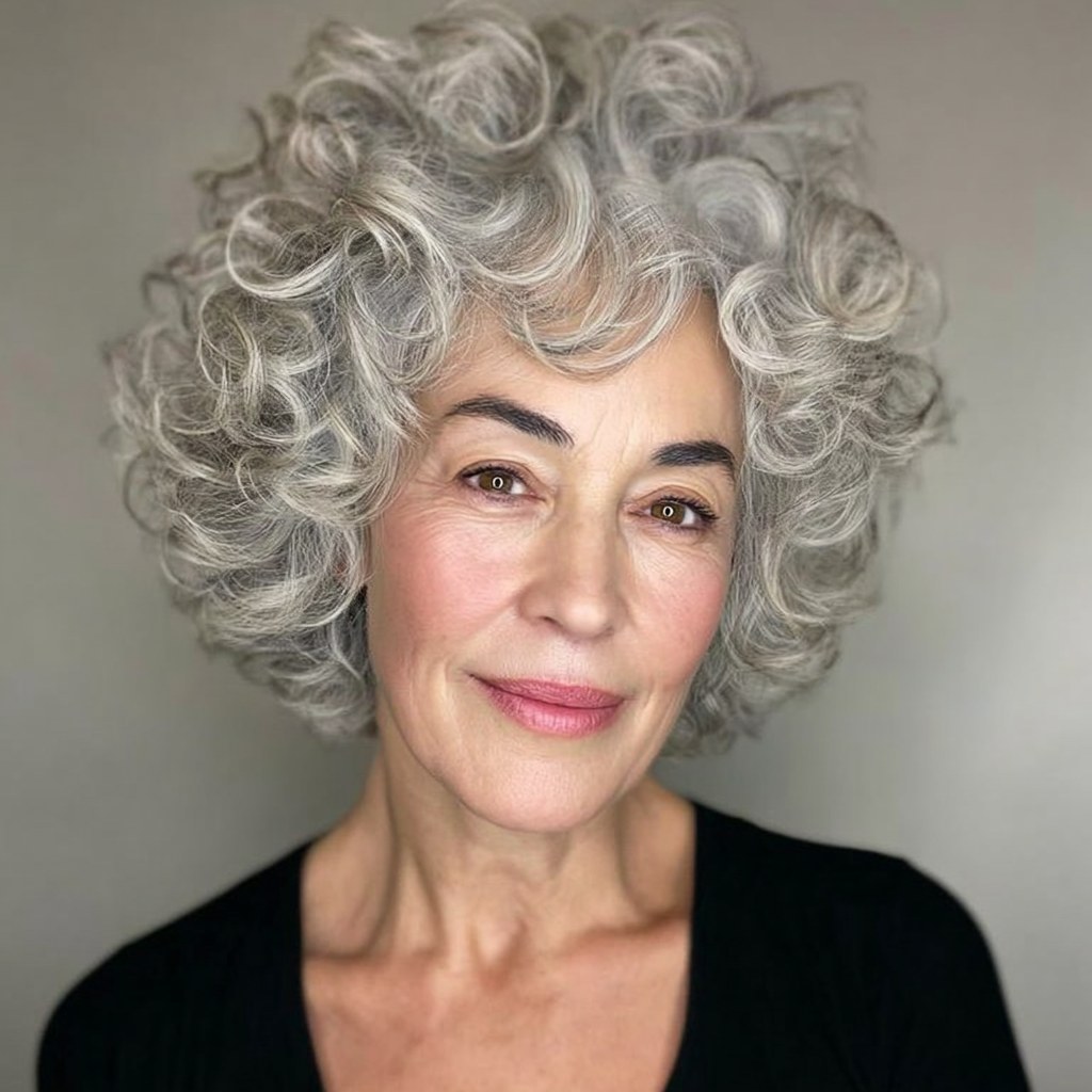 Big Bright Silver Ringlets — curly hairstyle on a woman over 70 with natural texture