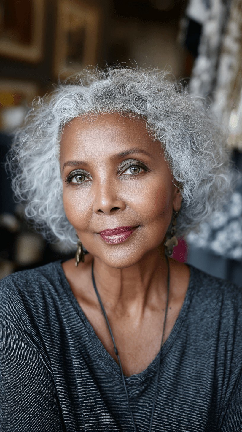 Silver Curls With a Gentle Side Part — curly hairstyle on a woman over 70 with natural texture