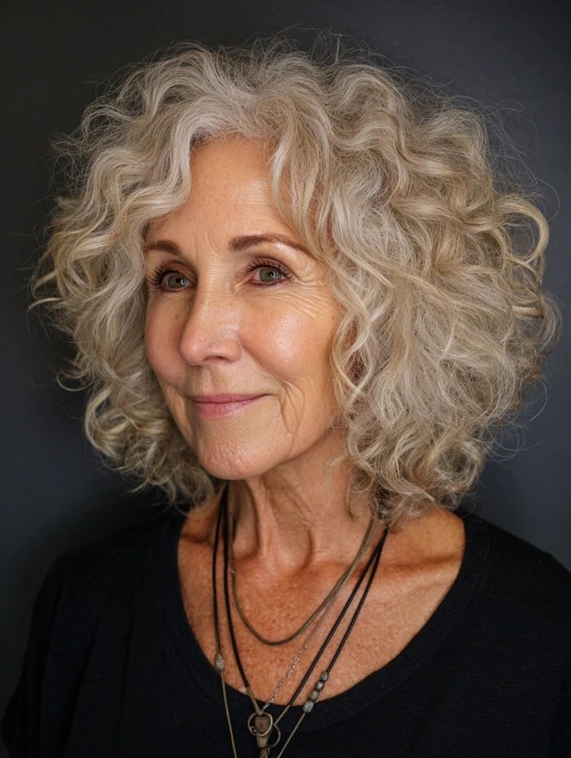Creamy Blonde Shoulder-Length Curls — curly hairstyle on a woman over 70 with natural texture
