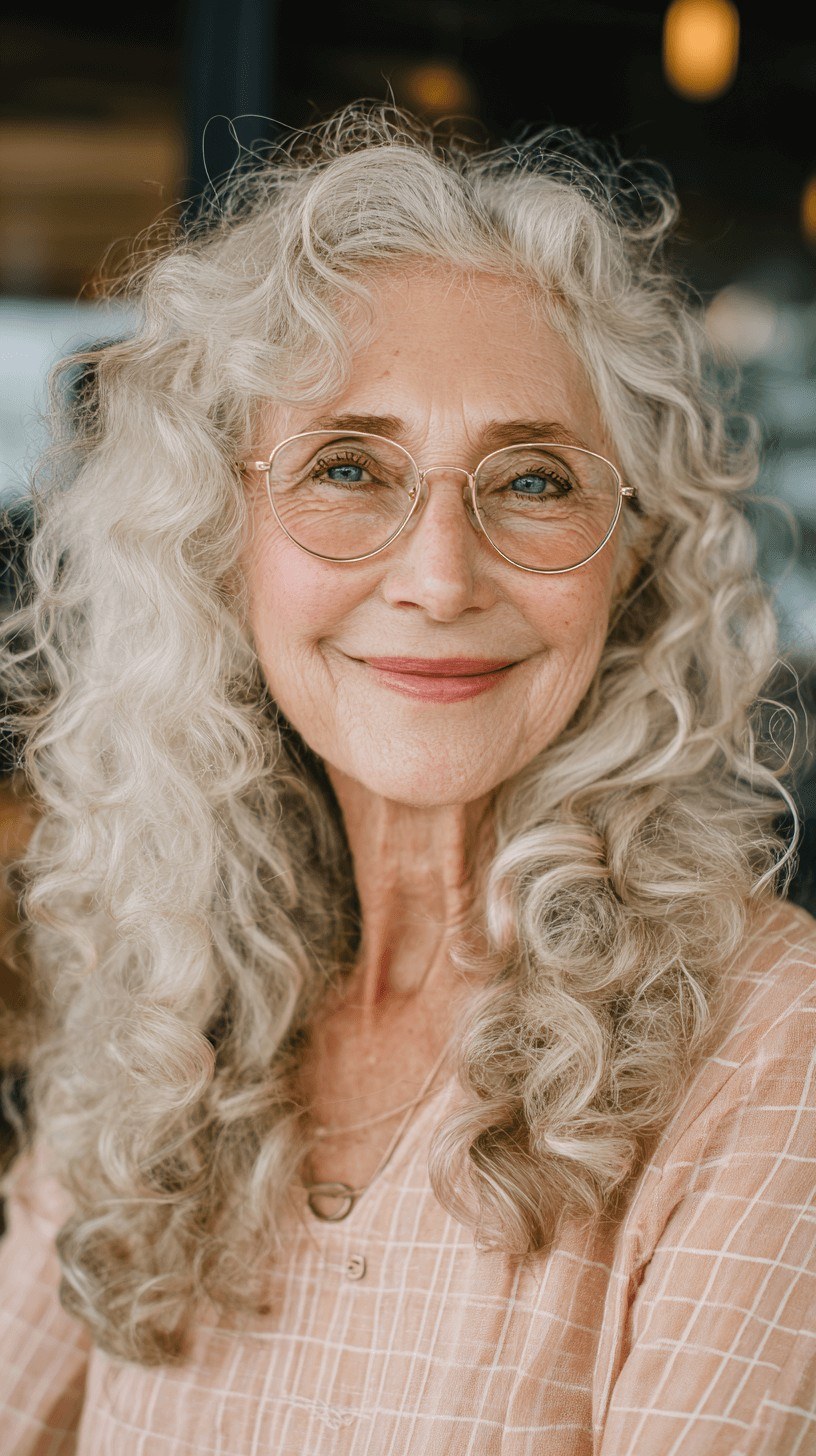 Very Long White Curls, Worn With Pride — curly hairstyle on a woman over 70 with natural texture