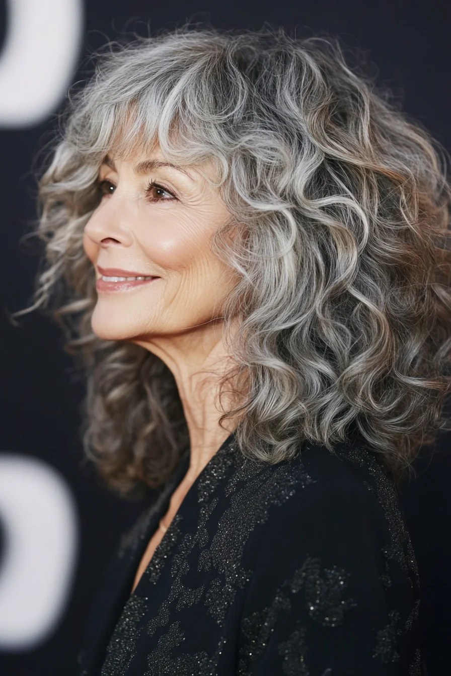 The Elegant Long Curly Profile — curly hairstyle on a woman over 70 with natural texture