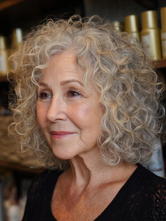Golden-Gray Curls at Shoulder Length — curly hairstyle on a woman over 70 with natural texture