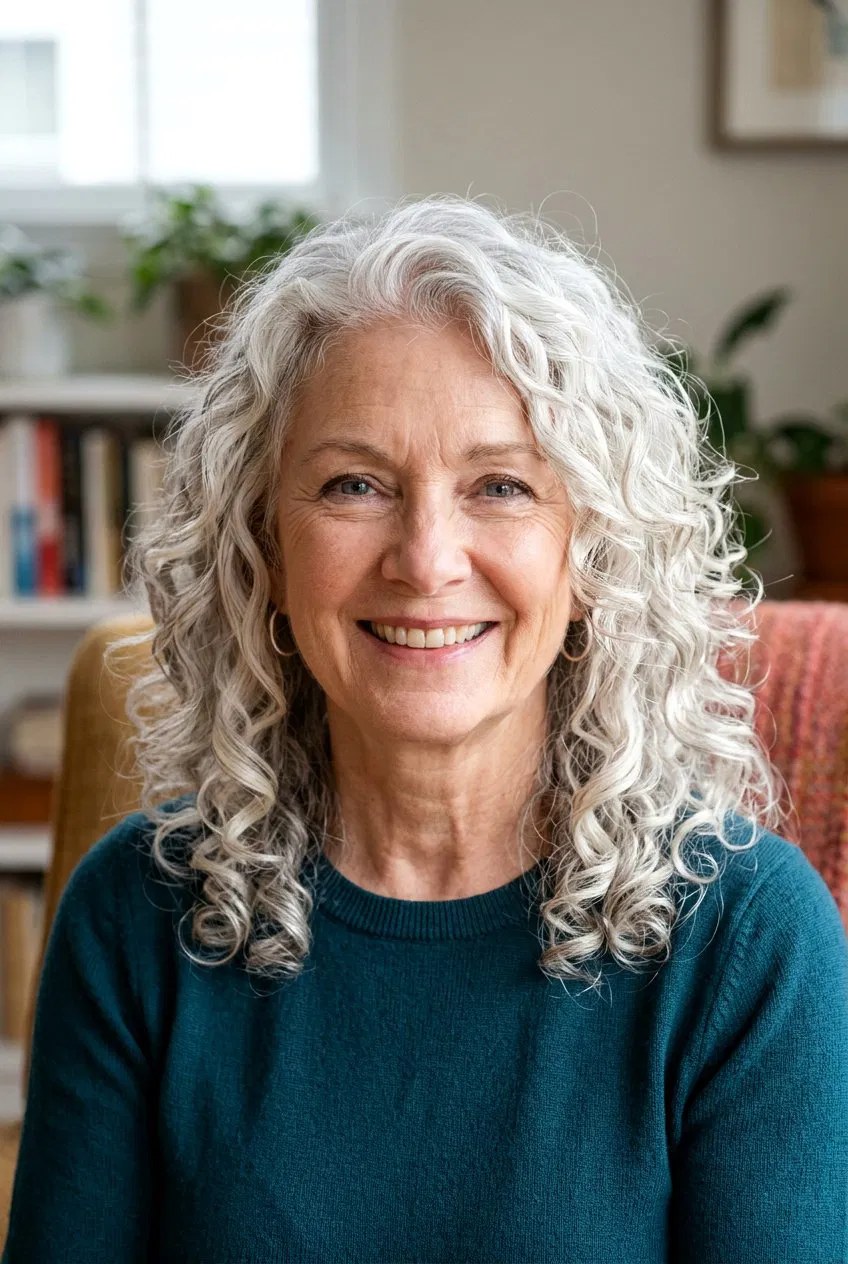 Long White Ringlets at Home — curly hairstyle on a woman over 70 with natural texture