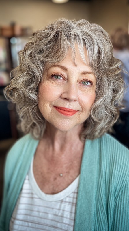 The Shoulder-Length Curly Bob With a Fringe — curly hairstyle on a woman over 70 with natural texture
