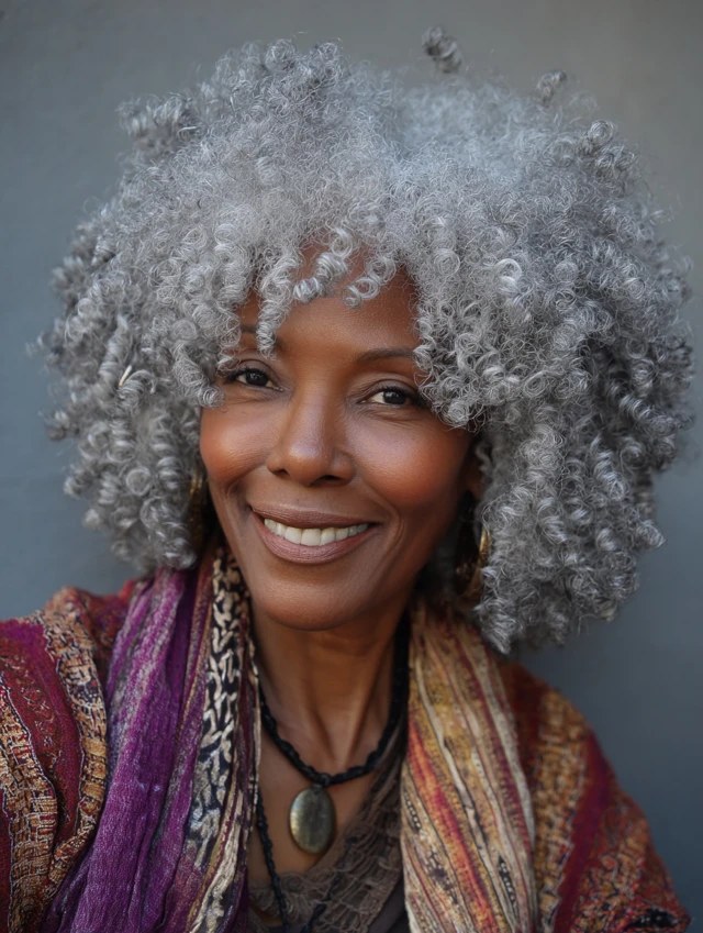 The Joyful Gray Afro Full of Shine — curly hairstyle on a woman over 70 with natural texture