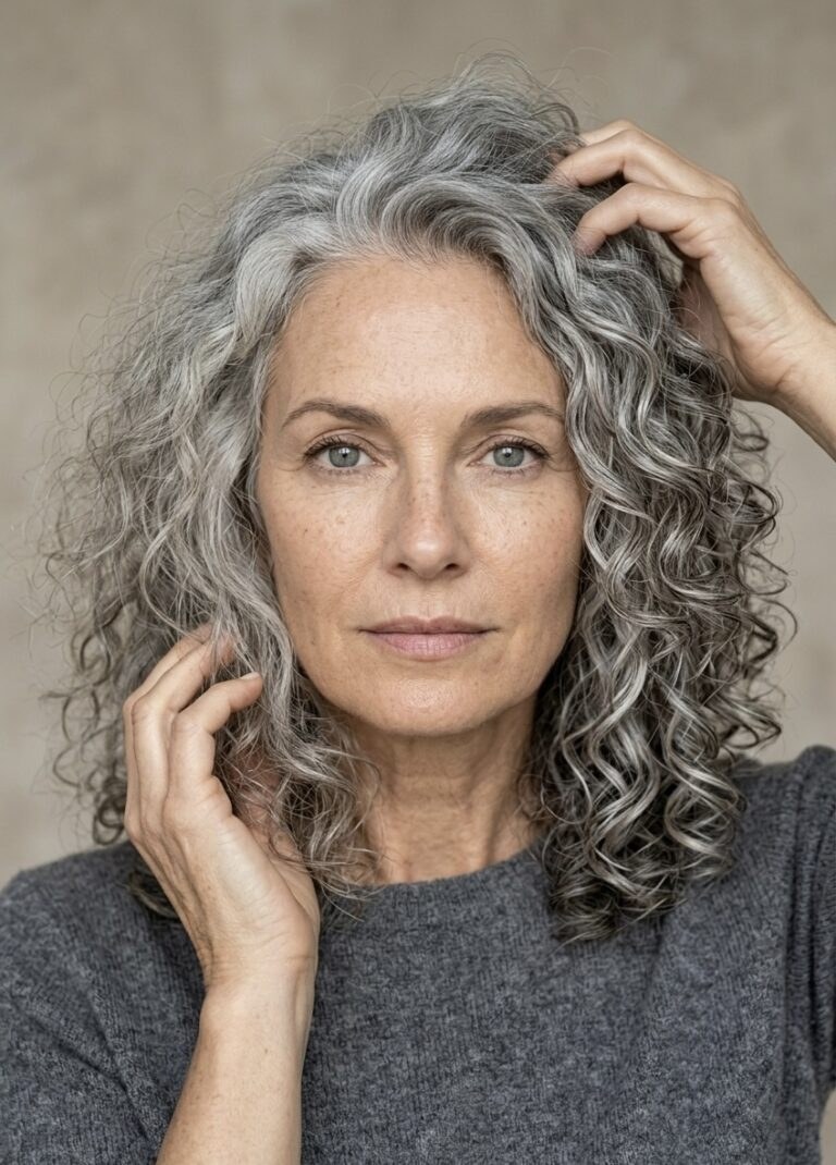 Long Gray Curls With Face-Framing Layers — curly hairstyle on a woman over 70 with natural texture