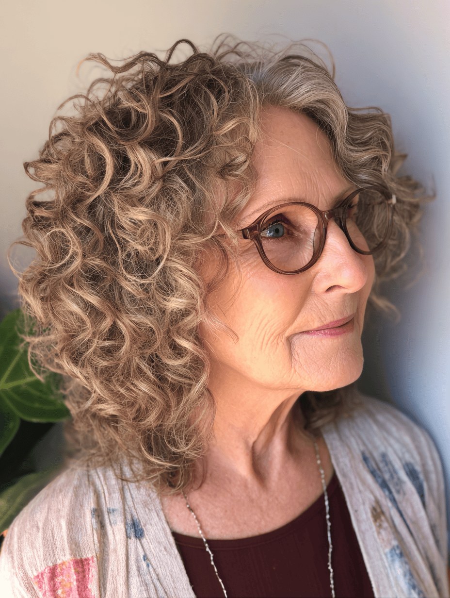 Honey-Gray Curls That Love Glasses — curly hairstyle on a woman over 70 with natural texture