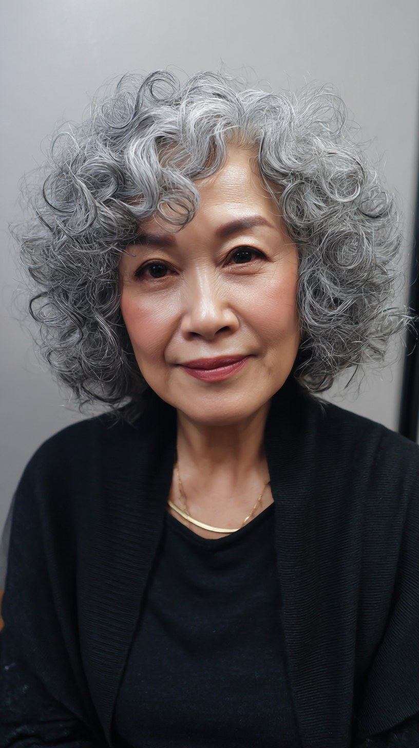 The Neat Gray Curly Bob — curly hairstyle on a woman over 70 with natural texture