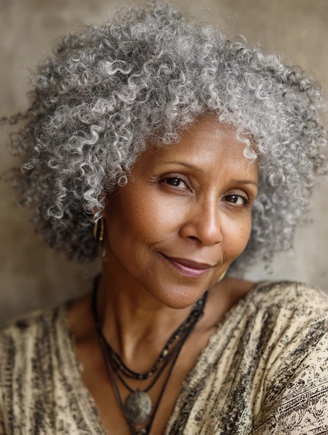 The Silver Curly Halo Bob — natural hairstyle on a Black woman over 70