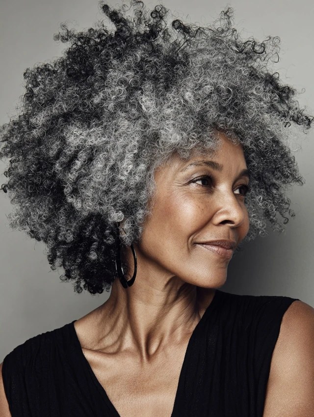 Big Salt-and-Pepper Curls With Attitude — natural hairstyle on a Black woman over 70