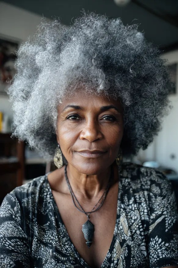 The Bright Silver Afro, Full and Even — natural hairstyle on a Black woman over 70