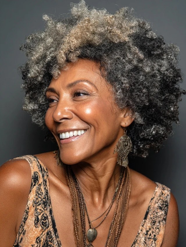 Two-Tone Curls and a Big Smile — natural hairstyle on a Black woman over 70