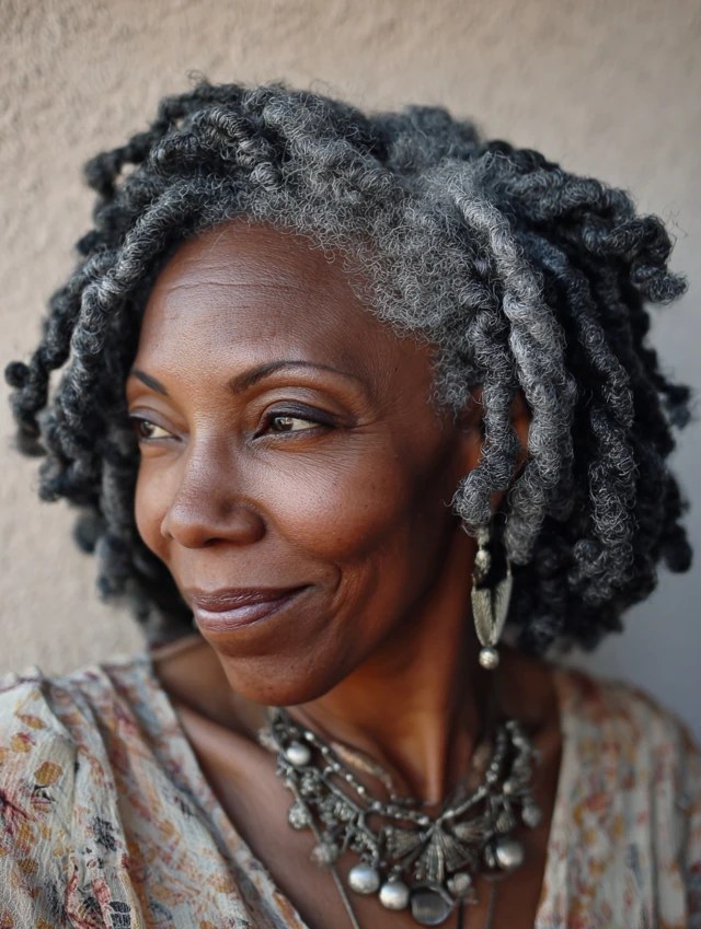 Shoulder-Length Gray Locs, Softly Worn — natural hairstyle on a Black woman over 70
