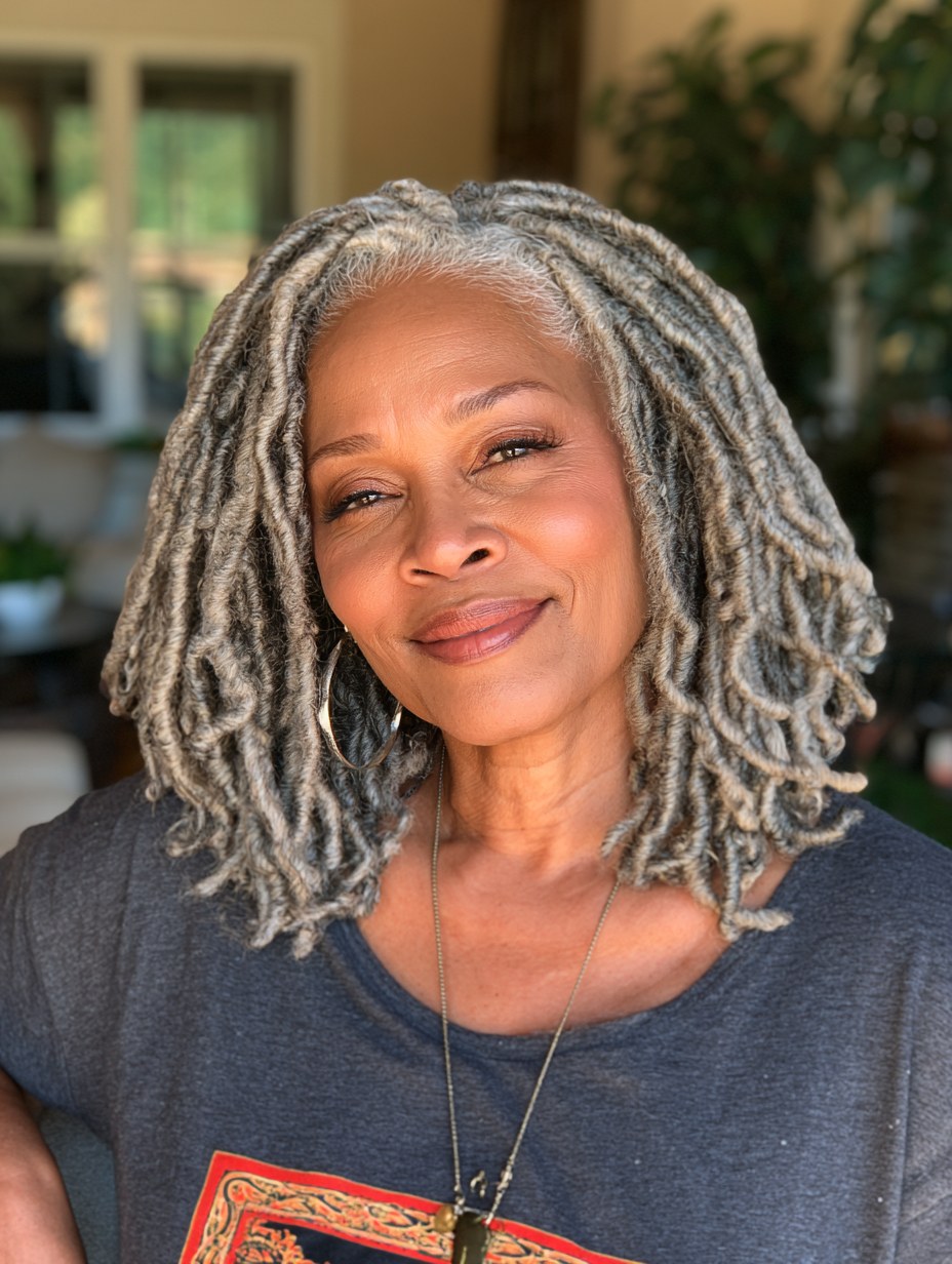 Silver Locs at Shoulder Length, At Home — natural hairstyle on a Black woman over 70
