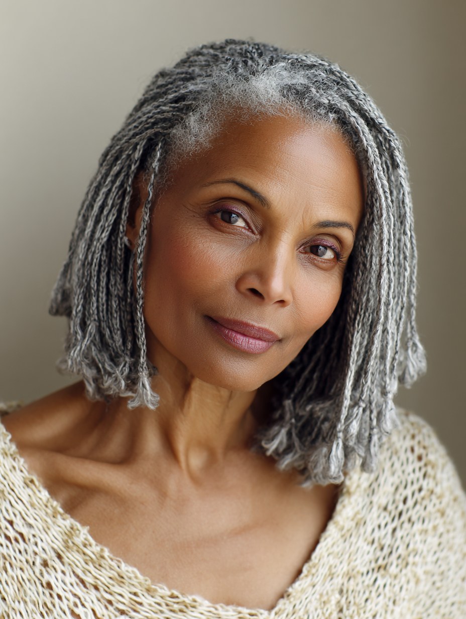 Gray Locs With a Gentle Side Sweep — natural hairstyle on a Black woman over 70