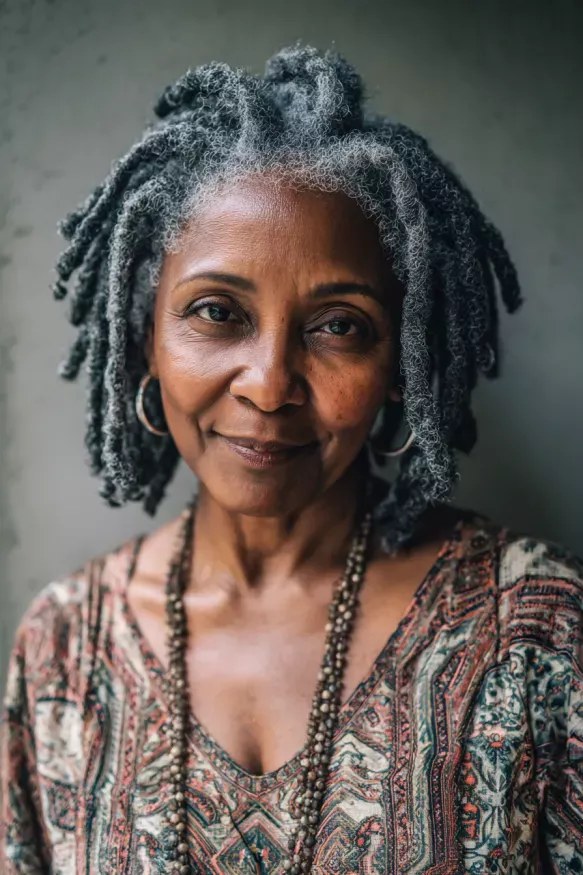 Short Gray Locs With Natural Shine — natural hairstyle on a Black woman over 70