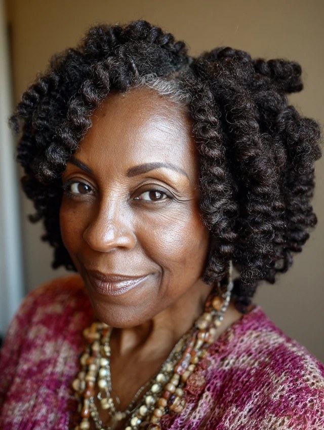Dark Twist Curls Full of Body — natural hairstyle on a Black woman over 70
