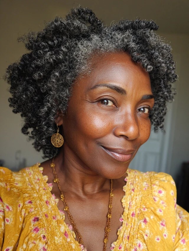 Sunshine Curls With Gray at the Crown — natural hairstyle on a Black woman over 70