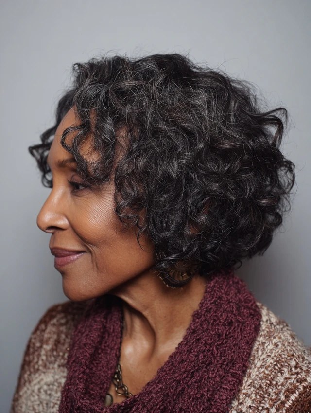 The Dark Curly Bob in Profile — natural hairstyle on a Black woman over 70
