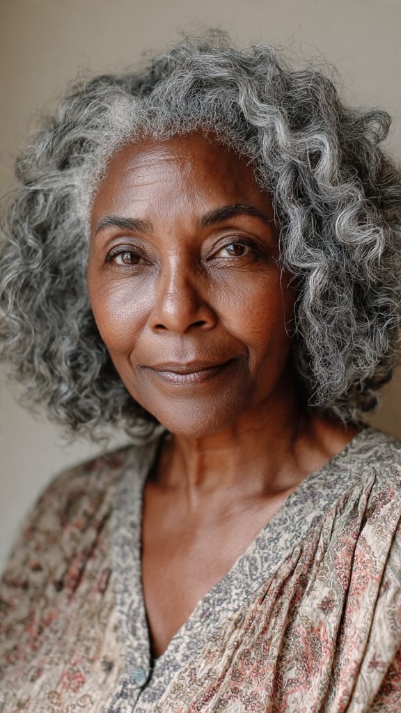 Shoulder-Length Gray Curls, Soft and Loose — natural hairstyle on a Black woman over 70