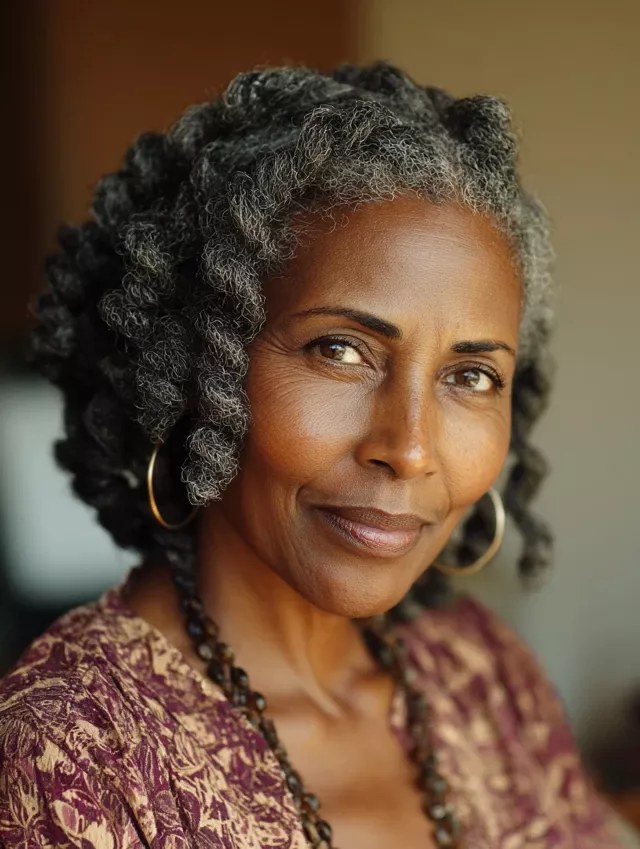 Defined Gray Curls With a Soft Part — natural hairstyle on a Black woman over 70