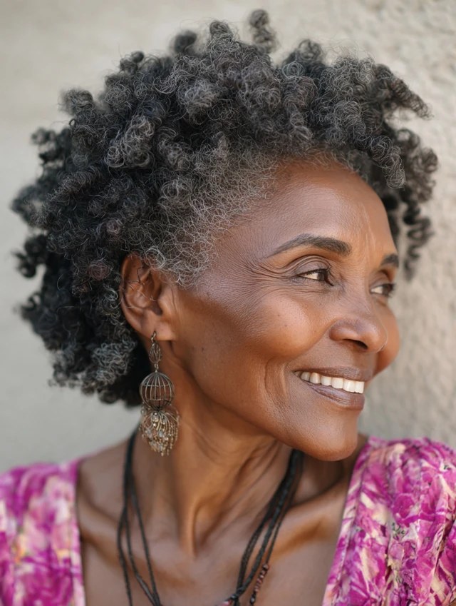 The Dark Coily Bob With Silver at the Temples — natural hairstyle on a Black woman over 70