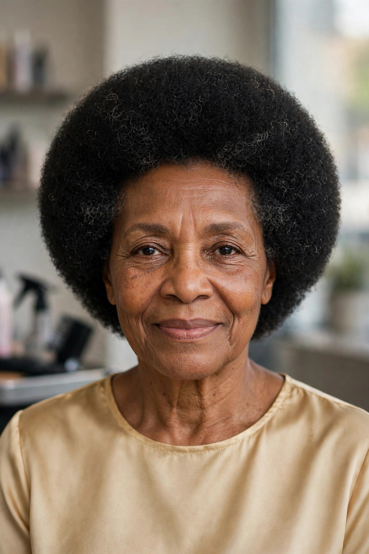 Rounded Shaped Afro - natural hairstyle on a Black woman over 50