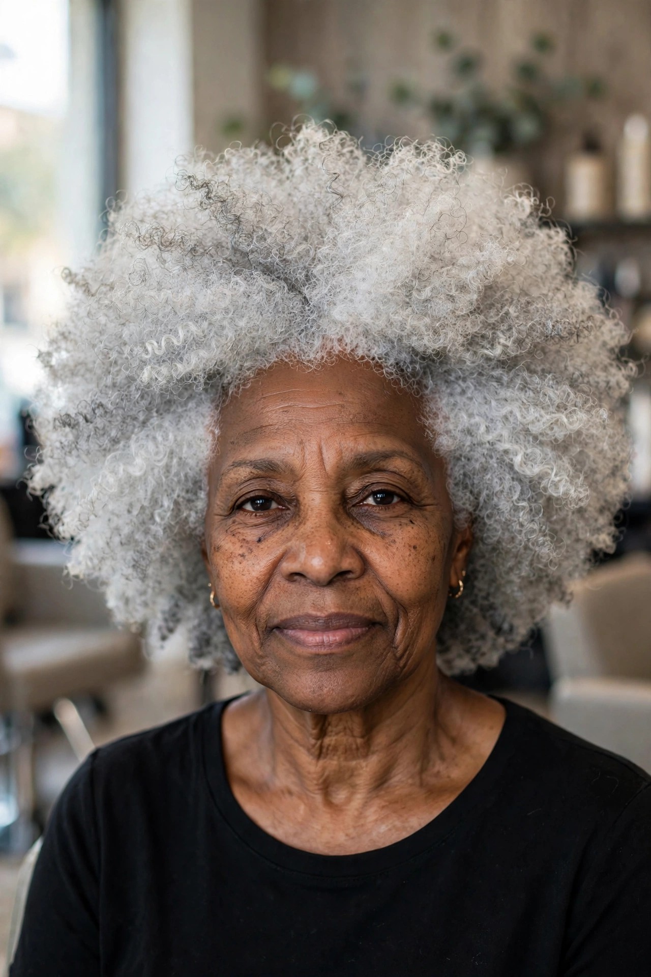 Silver-Gray Natural Afro - natural hairstyle on a Black woman over 50