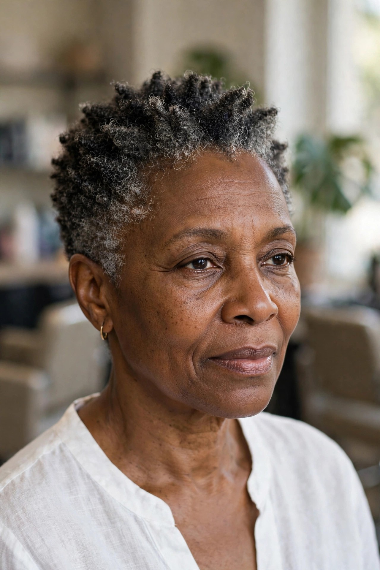 Salt-and-Pepper Tapered Coils - natural hairstyle on a Black woman over 50
