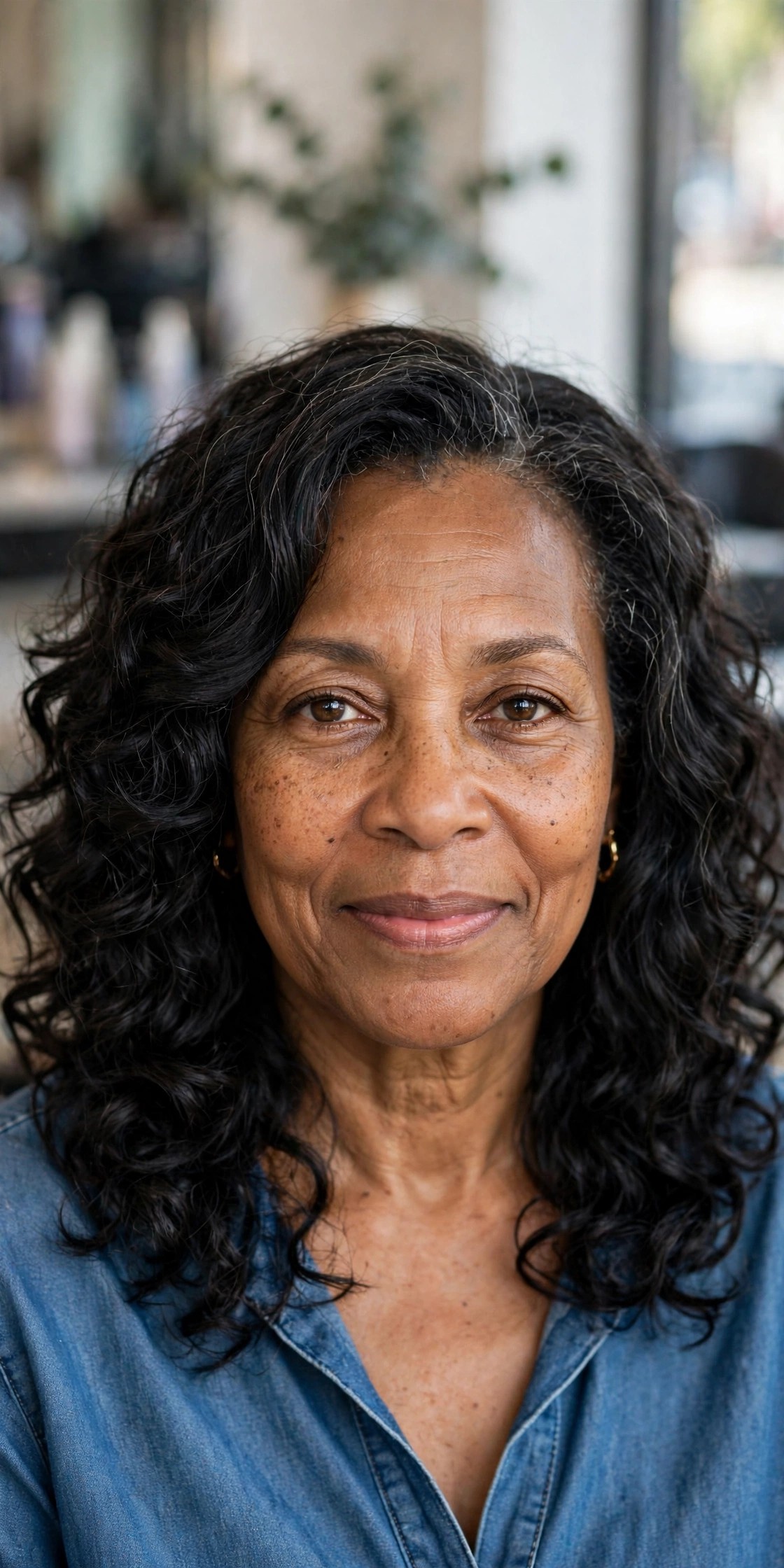 Shoulder-Length Layered Natural Curls - natural hairstyle on a Black woman over 50
