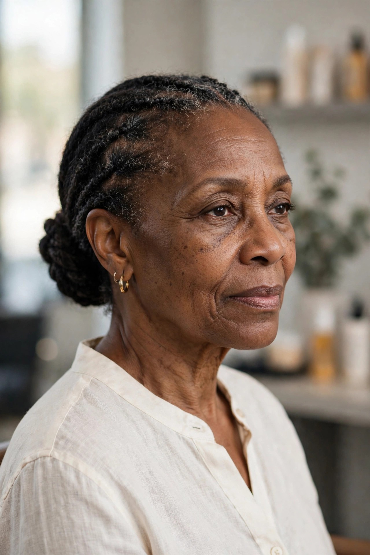Twisted Low Bun Protective Style - natural hairstyle on a Black woman over 50