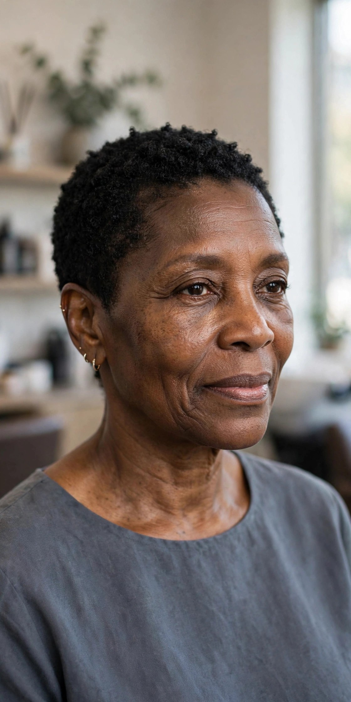 Short Coily Pixie Cut - natural hairstyle on a Black woman over 50