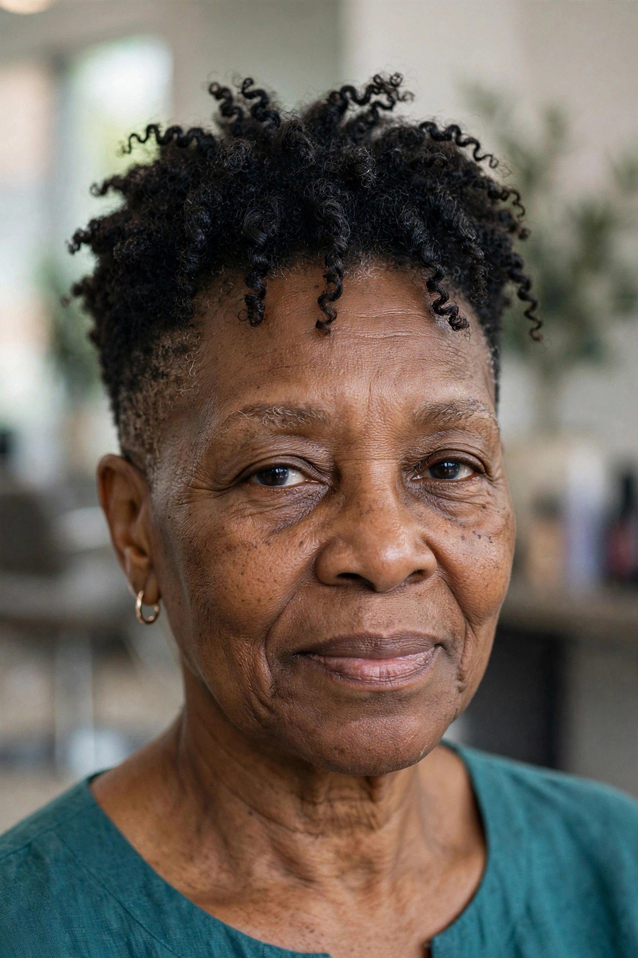 Tapered Natural Cut with a Curly Top - natural hairstyle on a Black woman over 50