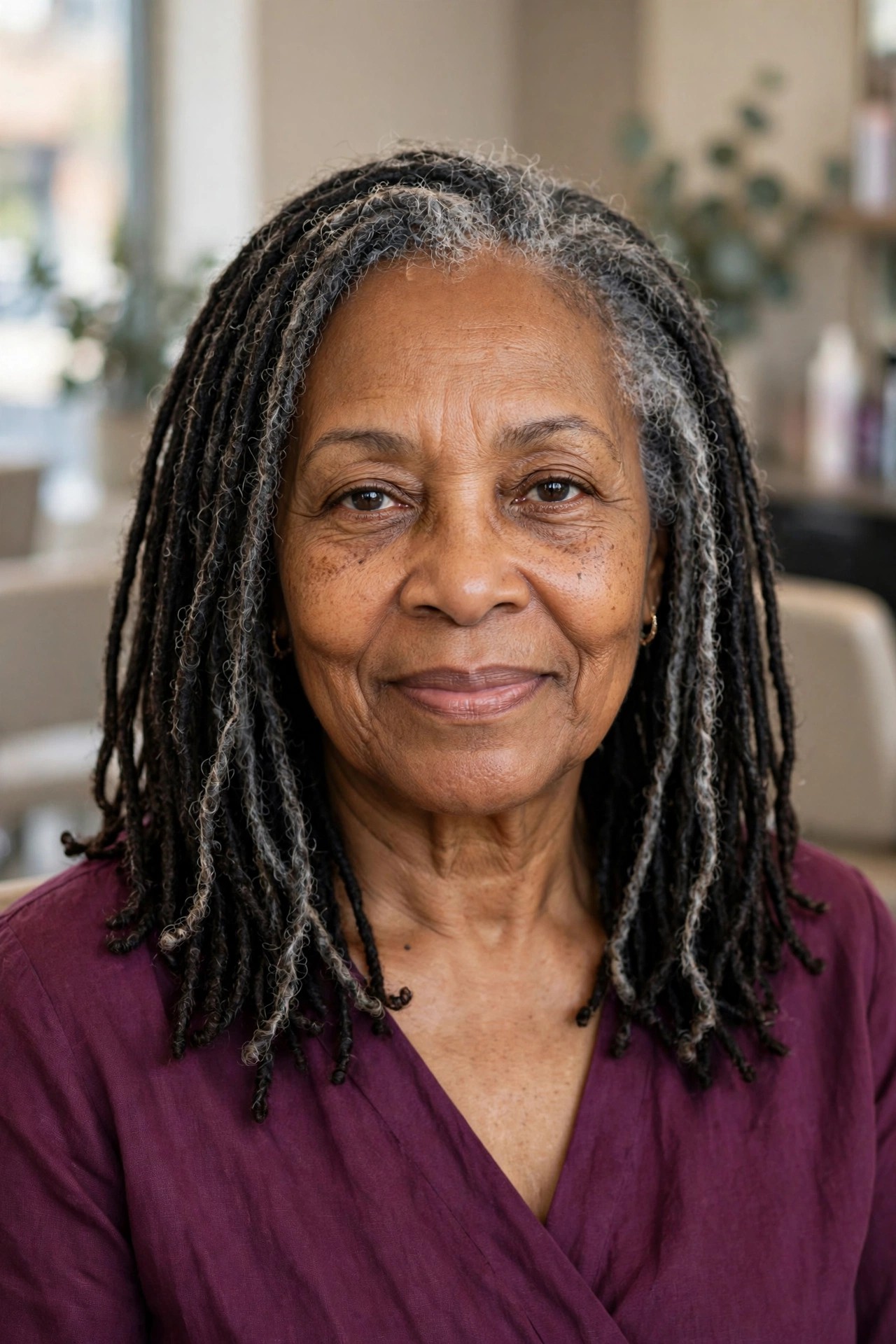 Shoulder-Length Mature Locs - natural hairstyle on a Black woman over 50