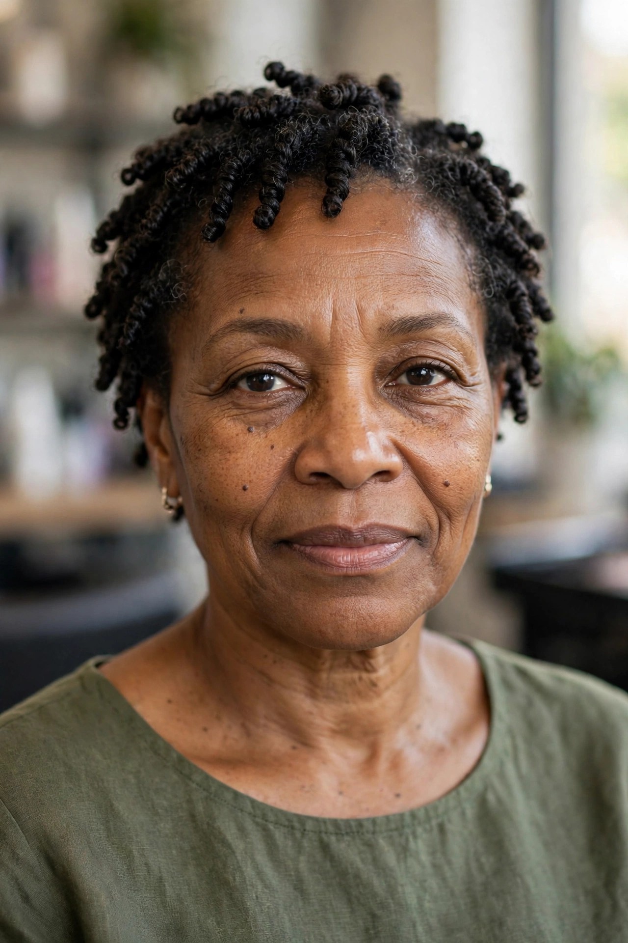 Finger Coils - natural hairstyle on a Black woman over 50