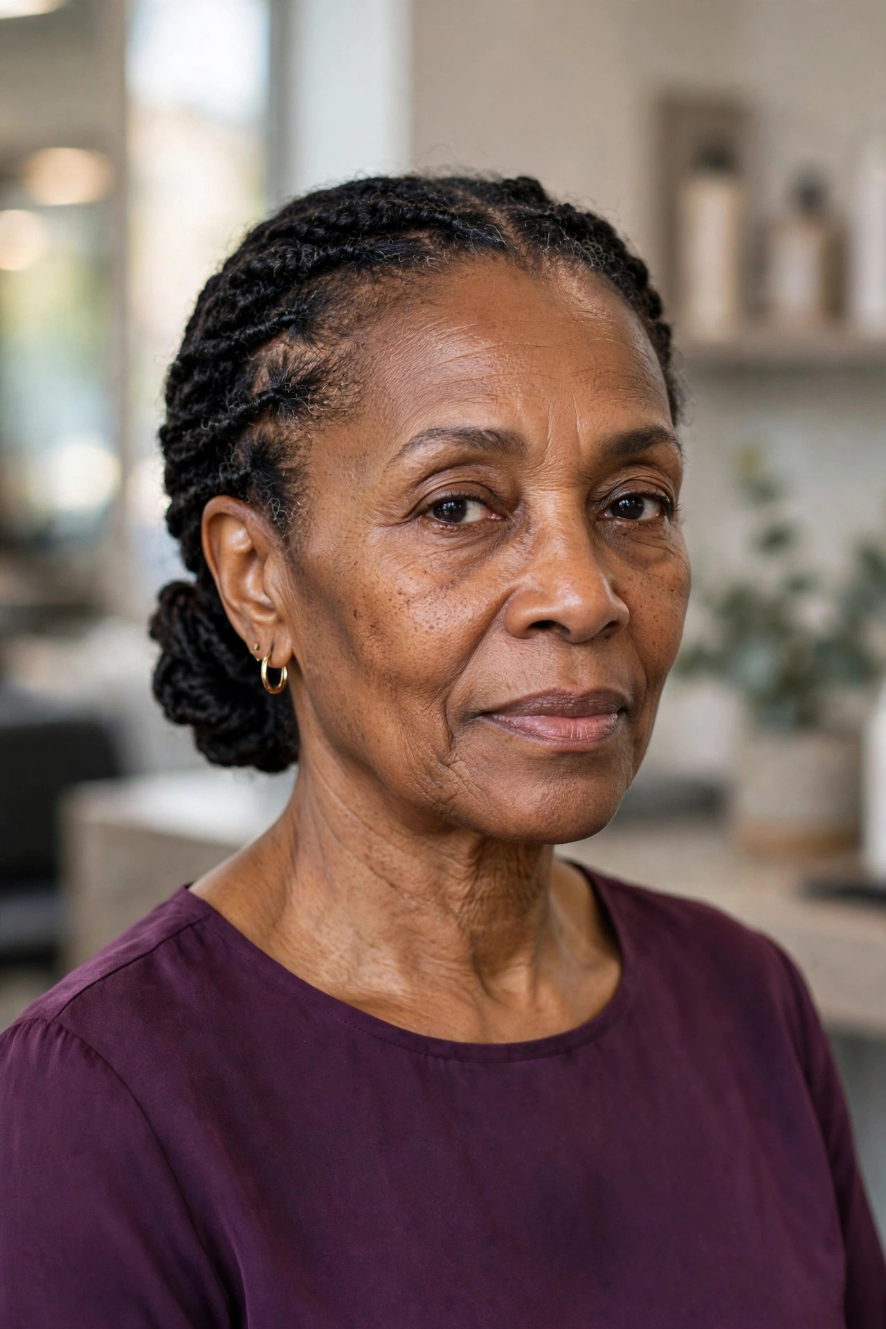 Flat Twist Crown with a Low Bun - natural hairstyle on a Black woman over 50