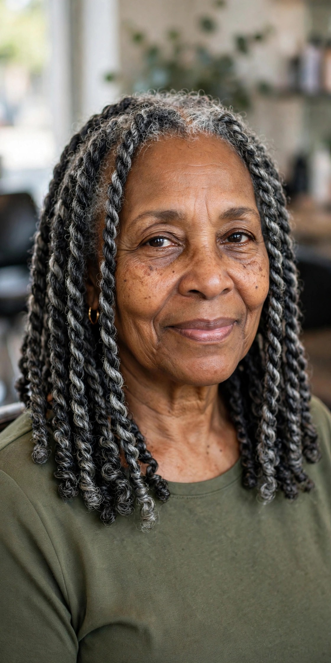 Shoulder-Length Two-Strand Twists - natural hairstyle on a Black woman over 60 with gray hair