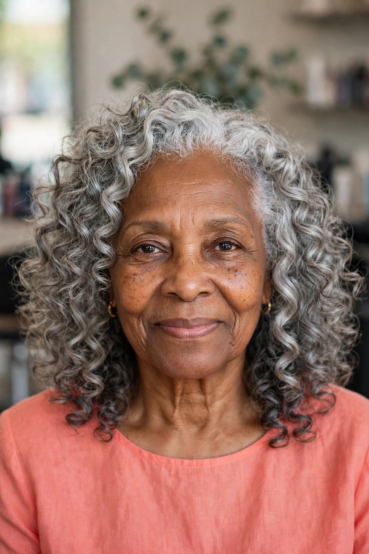 Silver Bantu Knot-Out Curls - natural hairstyle on a Black woman over 60 with gray hair