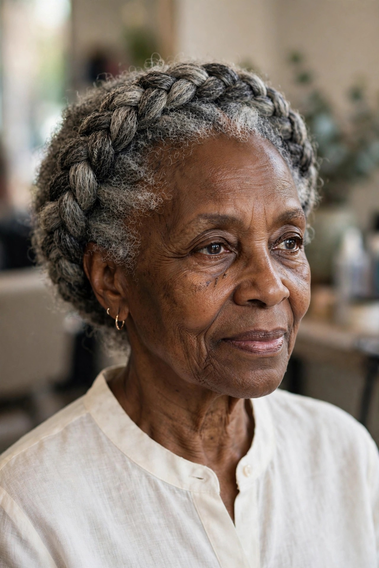 Gray Halo Crown Braid - natural hairstyle on a Black woman over 60 with gray hair