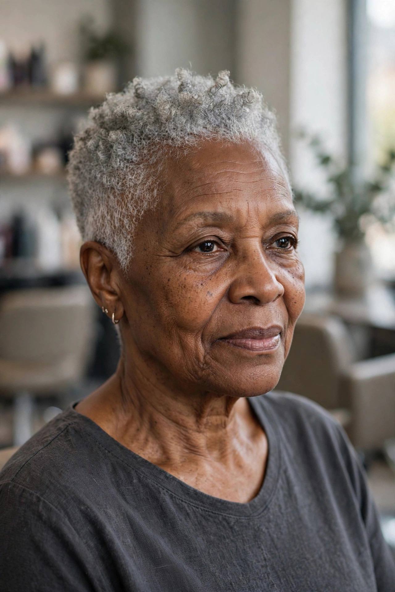 Short Silver Natural Pixie - natural hairstyle on a Black woman over 60 with gray hair
