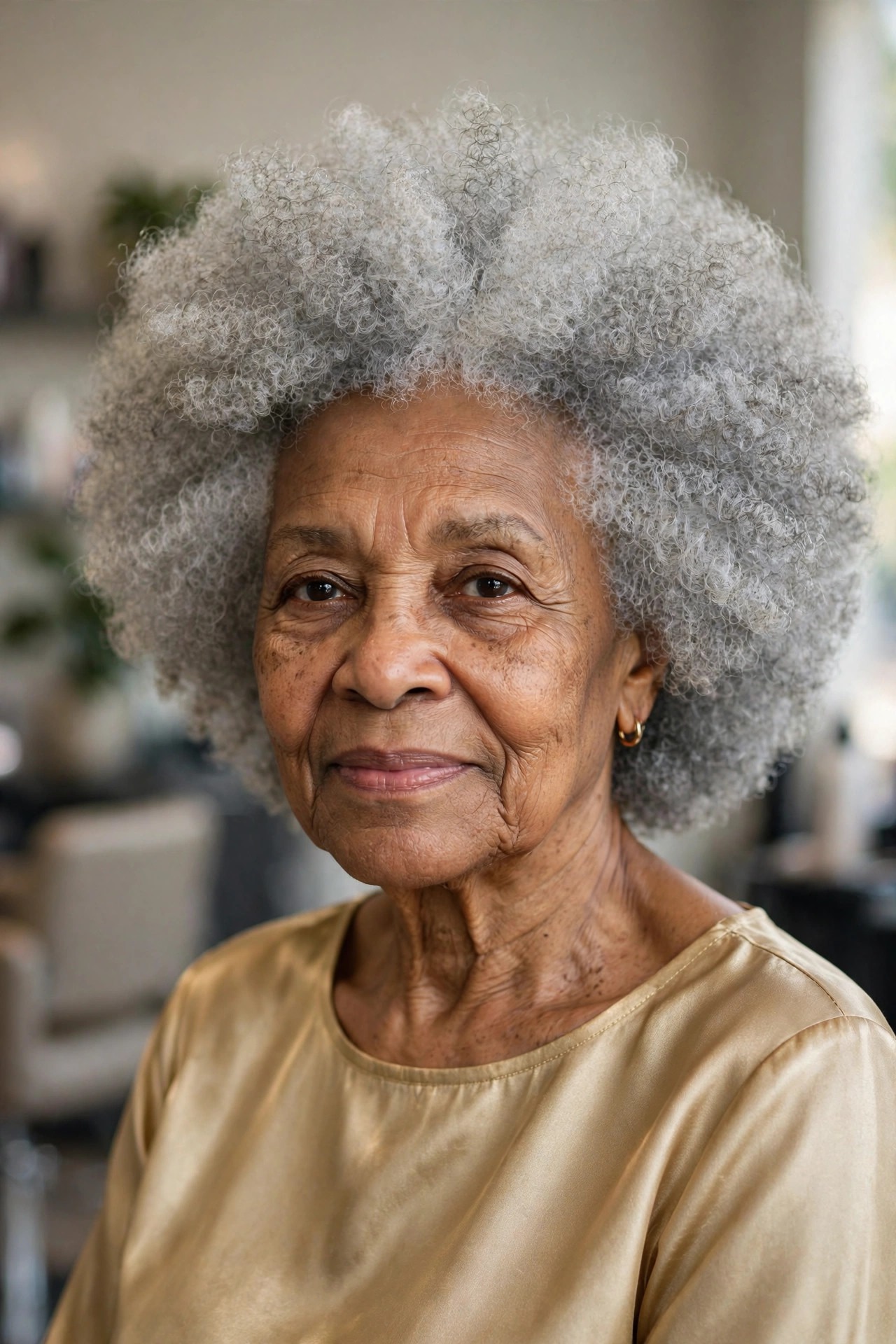 Voluminous Silver Afro - natural hairstyle on a Black woman over 60 with gray hair