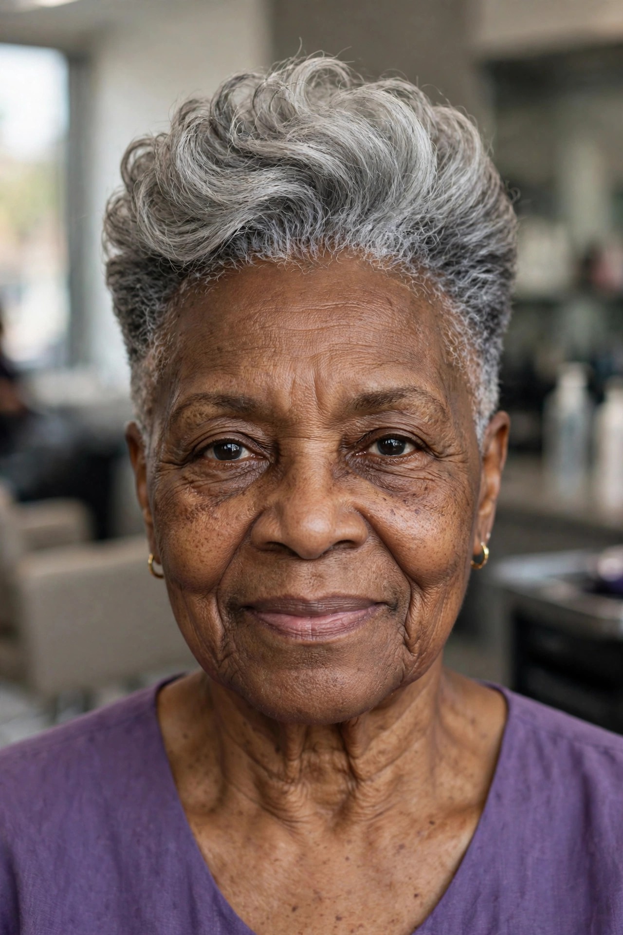 Tapered Cut with Lifted Silver Top - natural hairstyle on a Black woman over 60 with gray hair