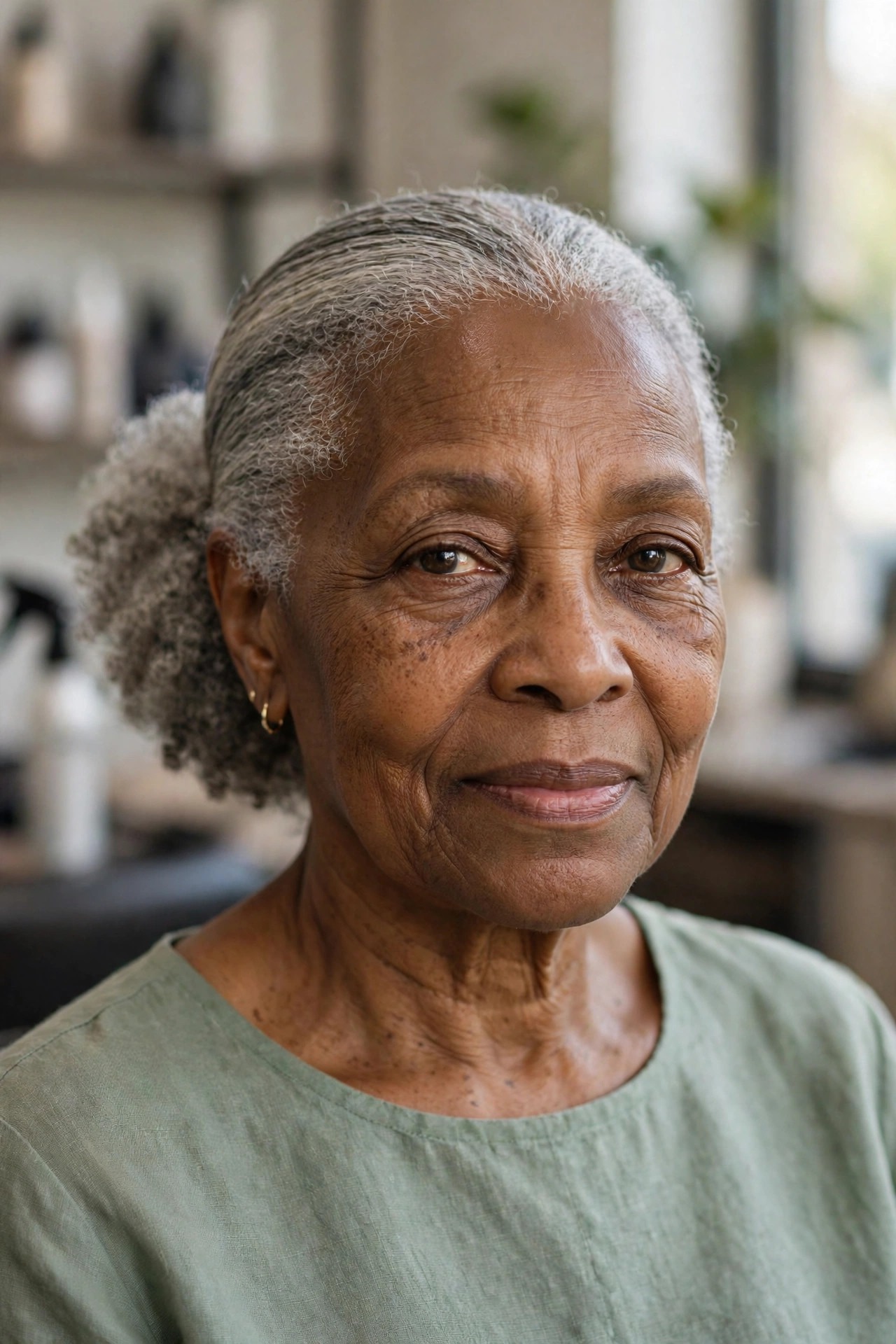 Low Silver Puff with Smooth Edges - natural hairstyle on a Black woman over 60 with gray hair