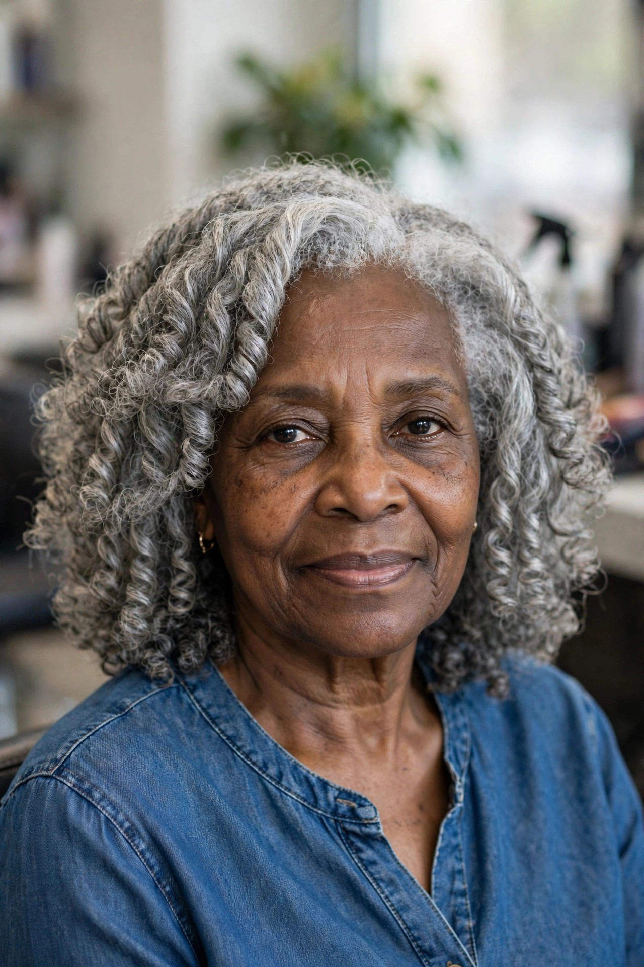 Layered Silver Coil-Out - natural hairstyle on a Black woman over 60 with gray hair